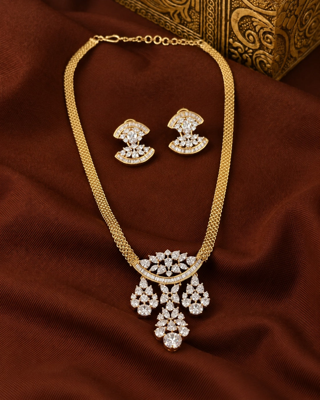 Aarvika Floral Drop Diamond-Look Pendant Set