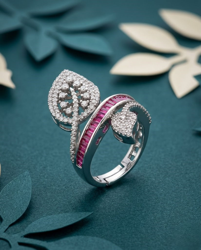 Gulnaar Leaf AD Ring for Women Silver Tone Adjustable Designer Ring