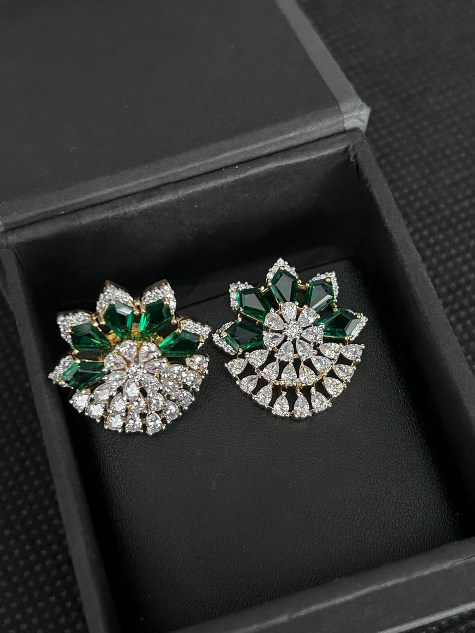 Zarelle Fan Bloom Diamond-Look Stud Earrings – Ruby, Green & Blue