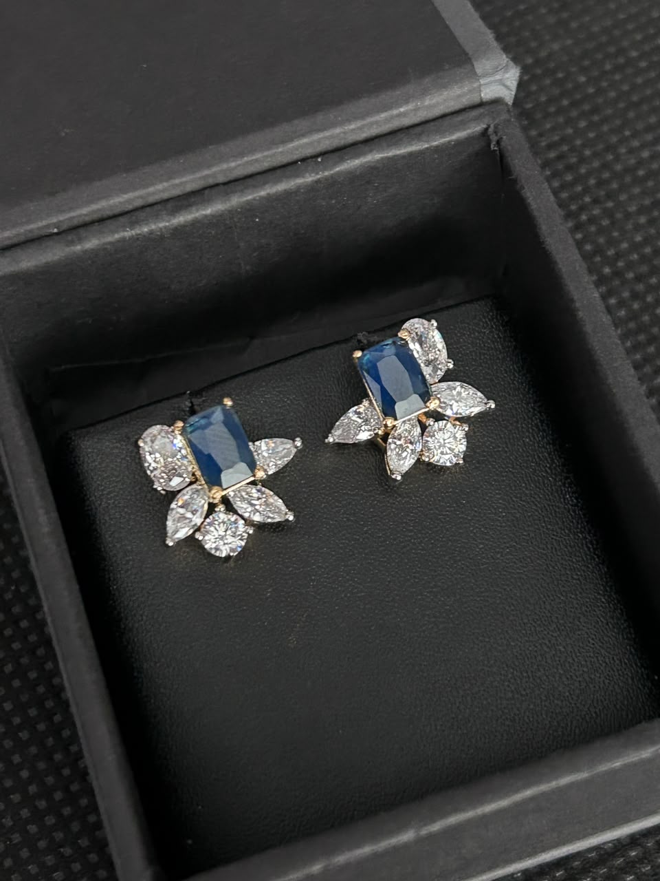 Velora Emerald-Cut Floral Stud Earrings – Blue, Green & Ruby
