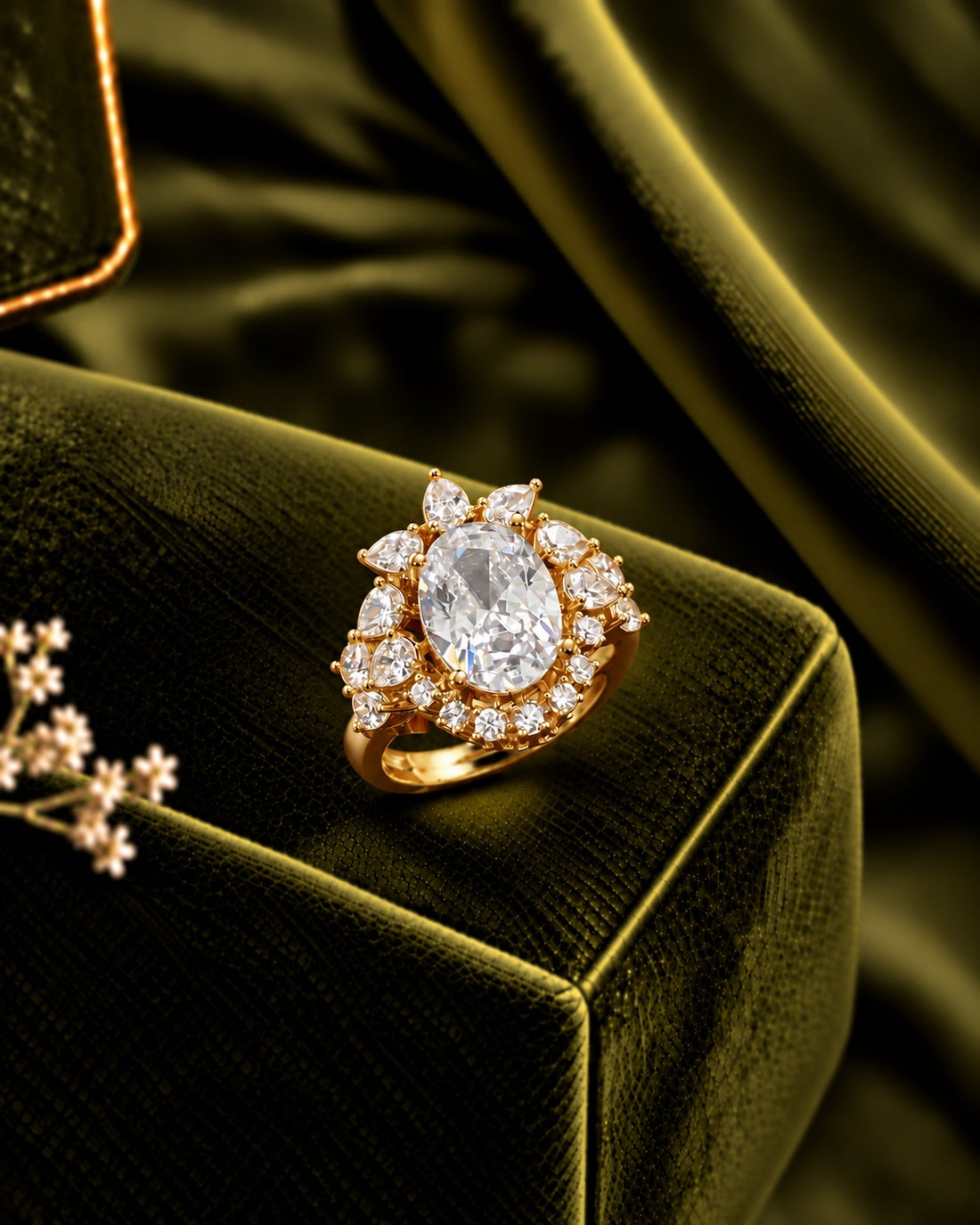 Adjustable Oval Crystal Halo Statement Ring – Gold & Silver