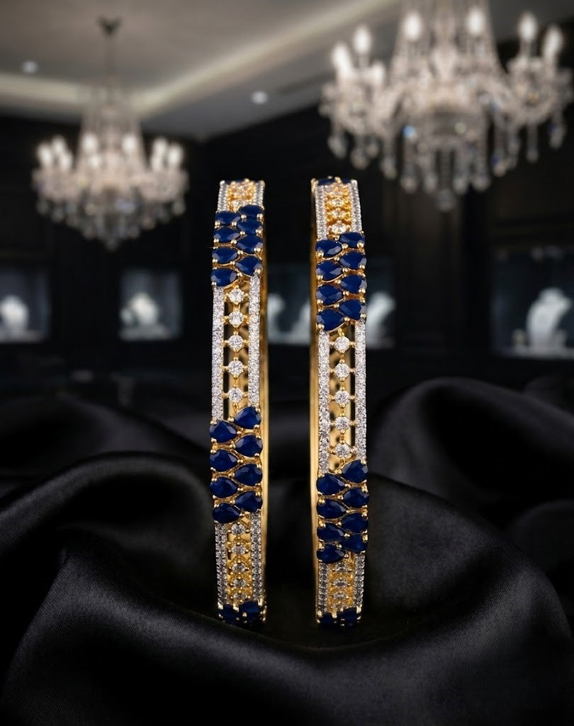 Premium Sparkle Design Royal Blue Cluster Diamond Bangles Pair Gold Tone