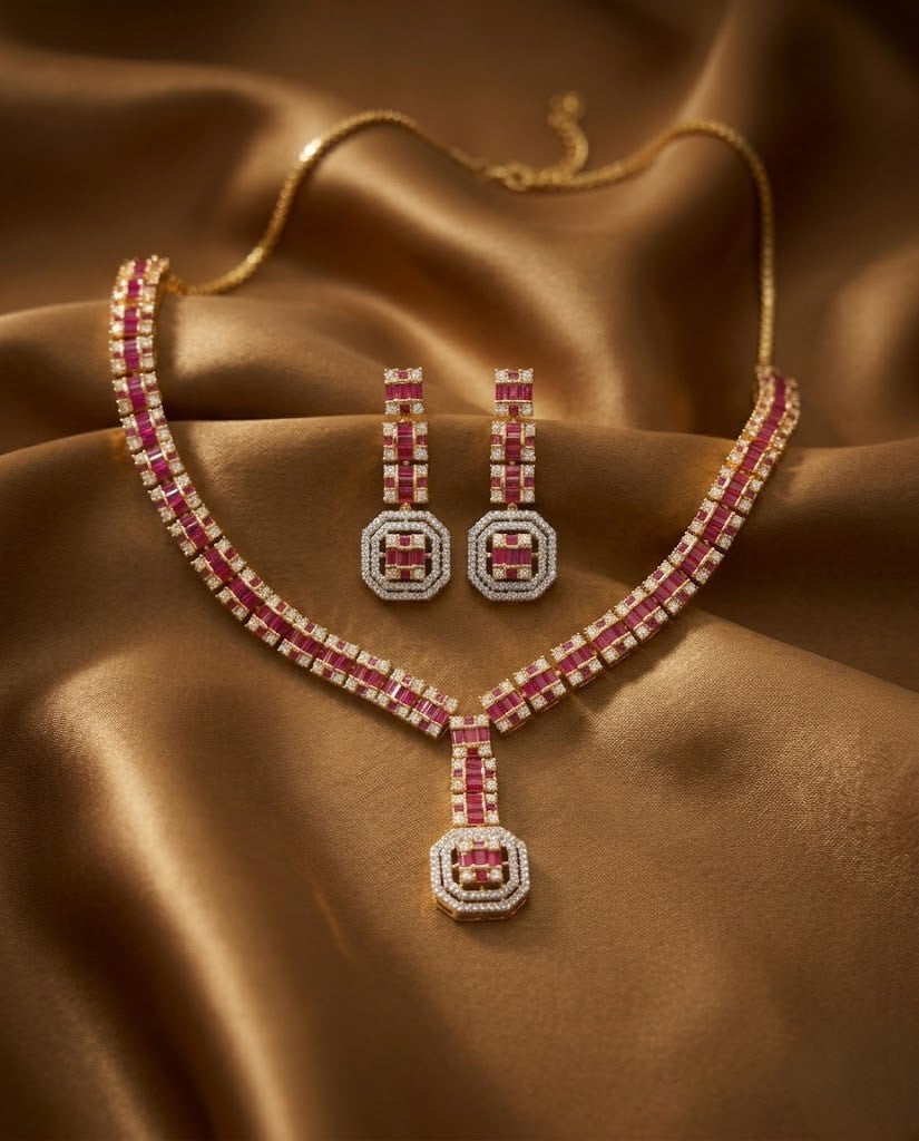 Panna Viraasat Green Stone Diamond Look Necklace Set with Earrings | Gold Tone Party Jewellery