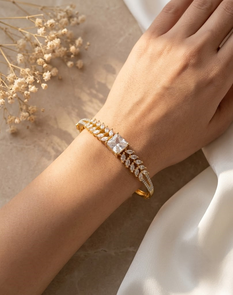 Designer Openable Emerald-Cut Diamond Bracelet for Women | Gold Polish American Diamond Kada | Size 2.4 & 2.6