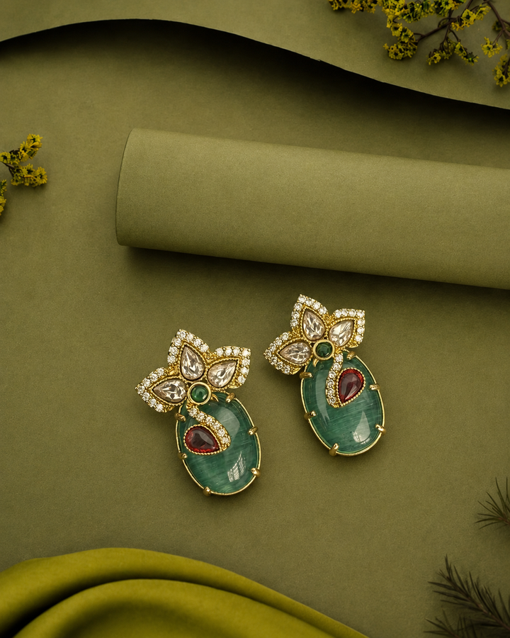 Polki Floral Top Cat Eye Drop Earrings with Oval Cabochon & Accent Stone Detailing (4 Color Variants) – Gold Finish