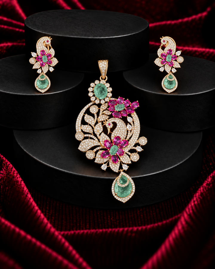 Mayurika Peacock Blossom Pendant & Earrings Set
