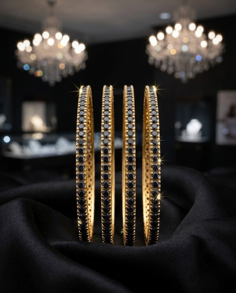 Sapphire Blue Stone Bangles Set of 4 , Gold Tone Stack Design