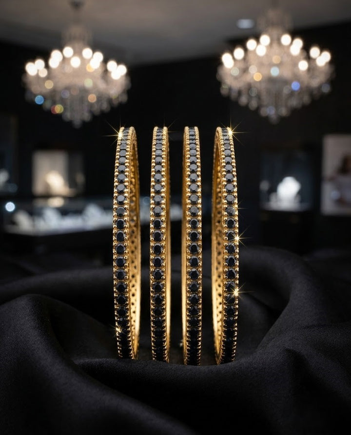 Sapphire Blue Stone Bangles Set of 4 , Gold Tone Stack Design