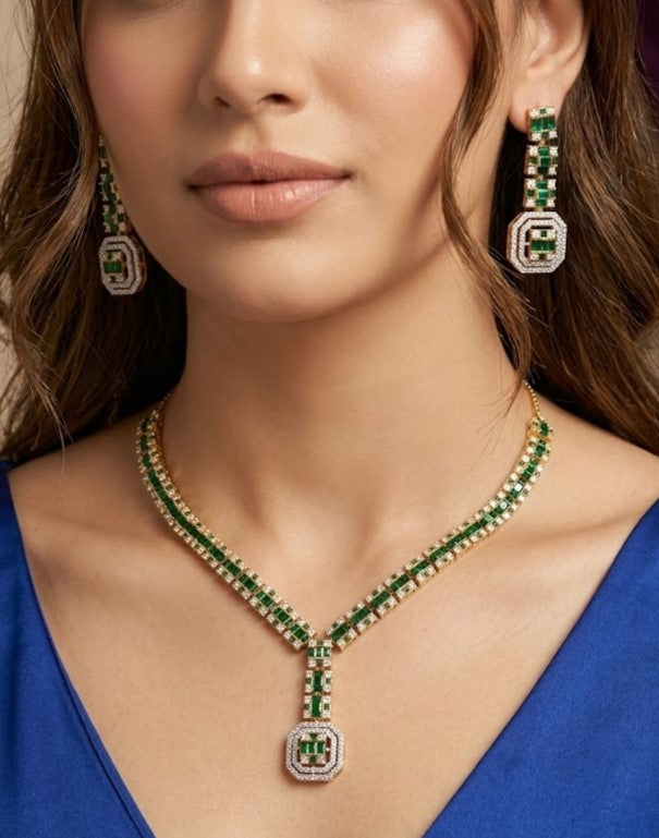 Panna Viraasat Green Stone Diamond Look Necklace Set with Earrings | Gold Tone Party Jewellery