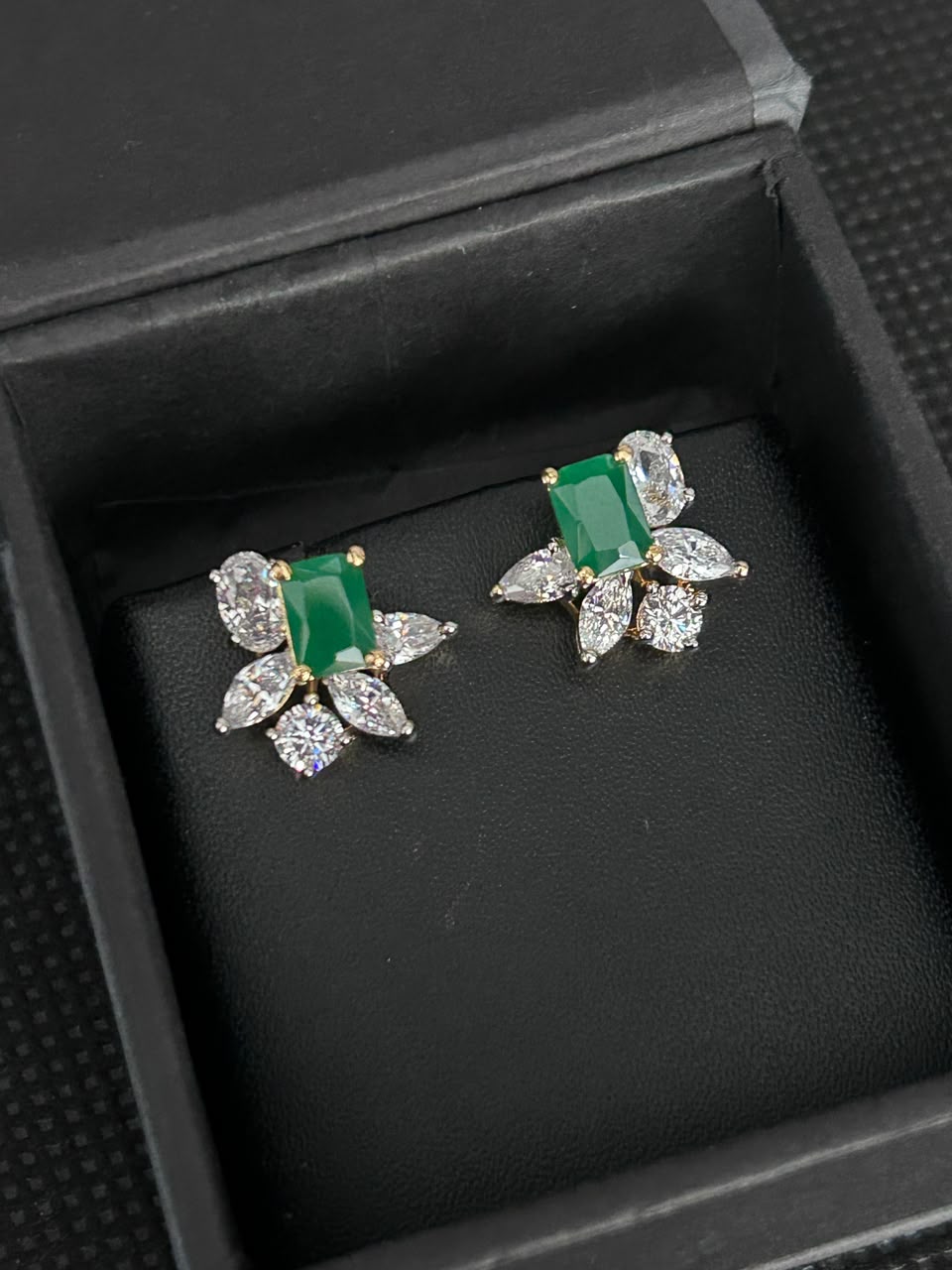 Velora Emerald-Cut Floral Stud Earrings – Blue, Green & Ruby