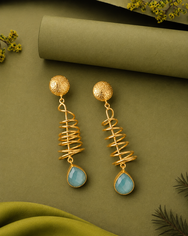 Spiral Coil Drop Earrings with Teardrop Stone (Mint Green & Coral Pink Variants) – Textured Stud Gold Finish