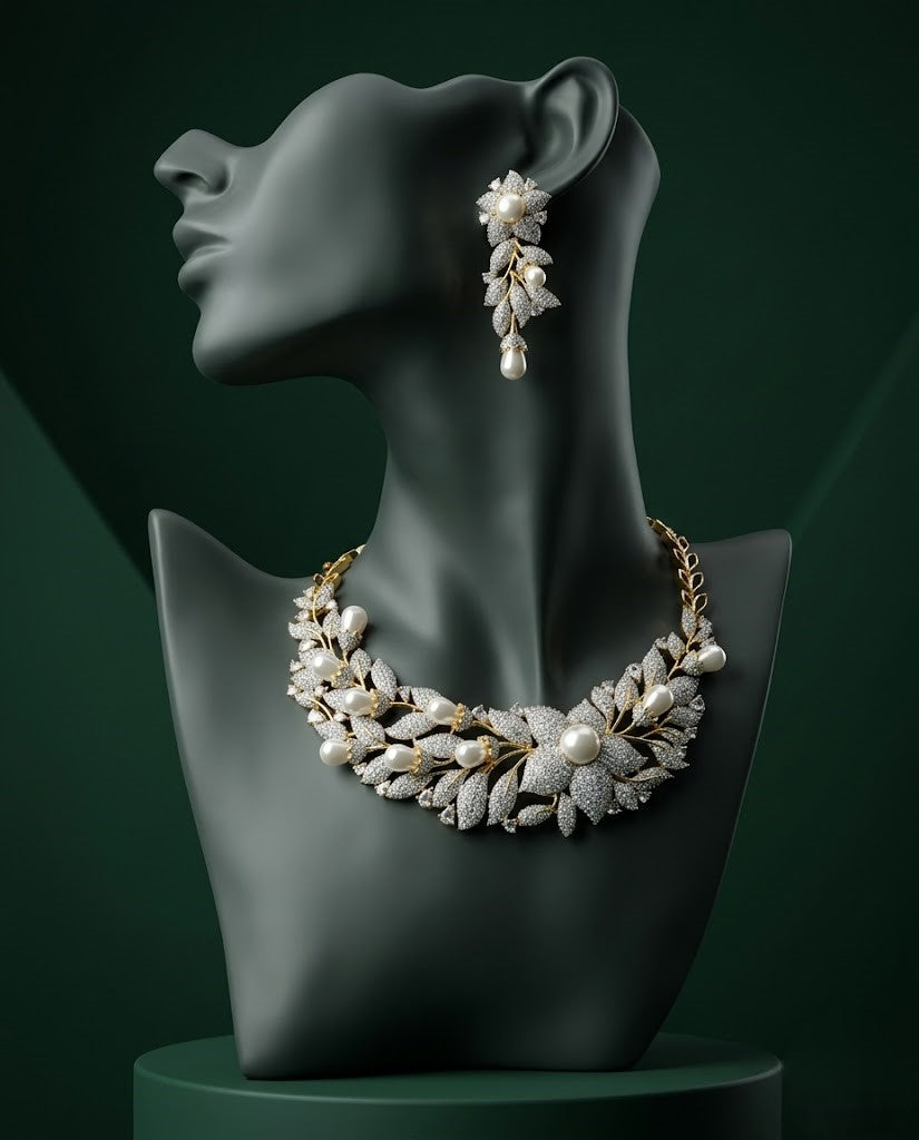 Vaanya Pearl Floral Necklace Set with Screw Back Earrings