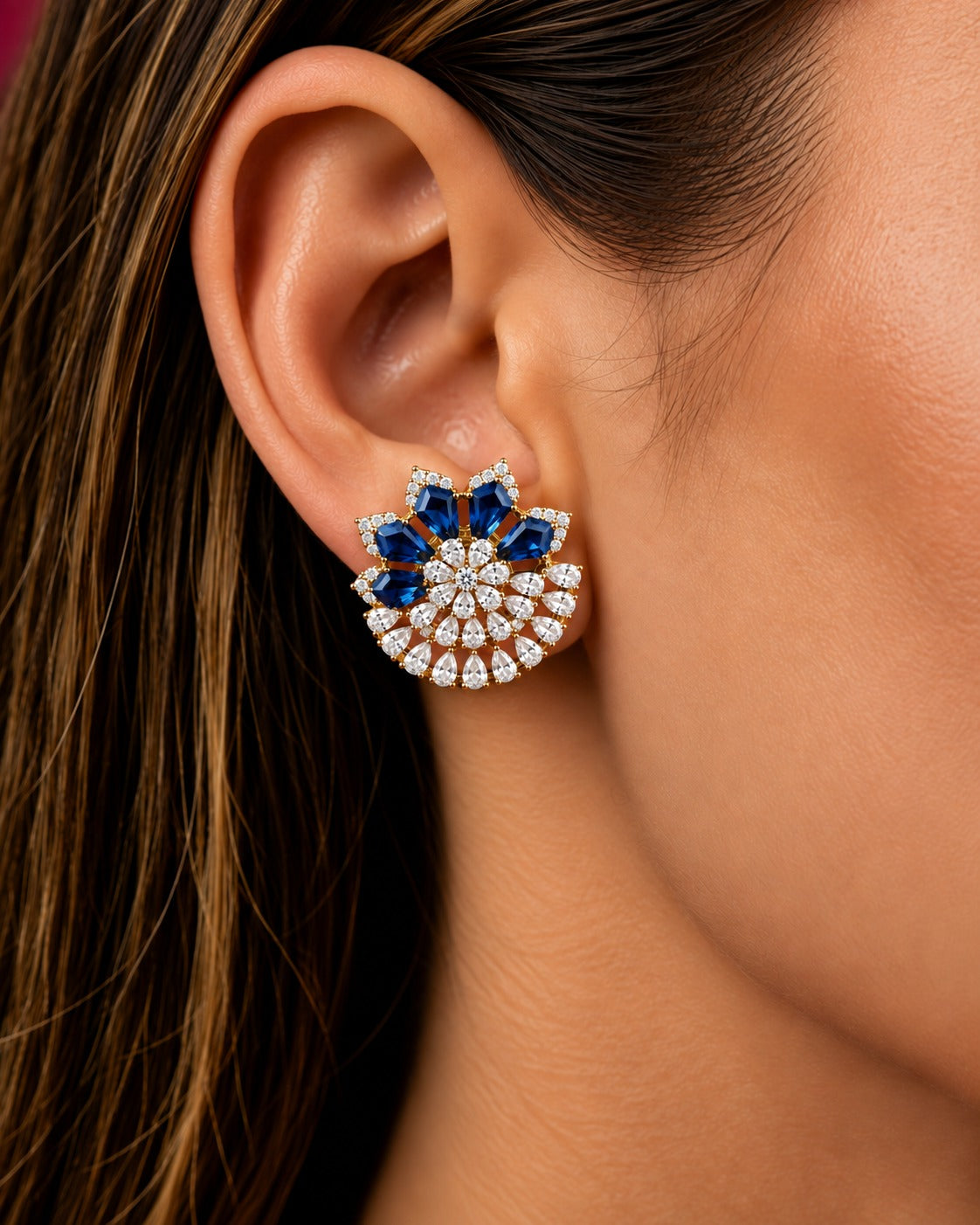 Zarelle Fan Bloom Diamond-Look Stud Earrings – Ruby, Green & Blue