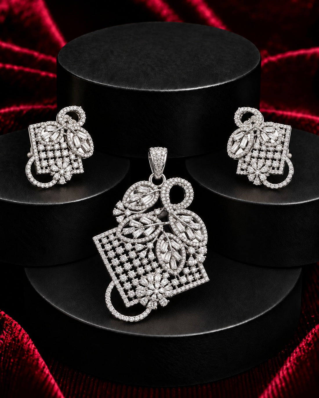Premium Sparkle Square Designer Pendant Set in Silver Tone