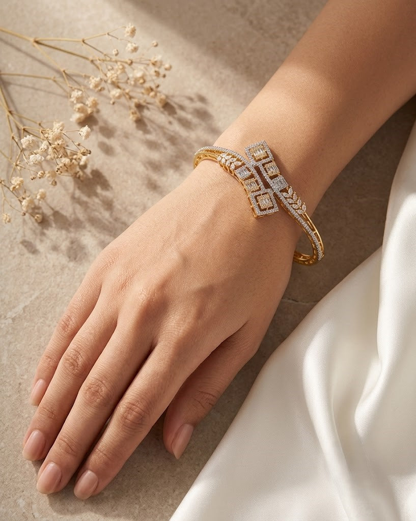 Designer Diamond Bracelet with Square & Leaf Motifs | Gold Polish Openable Bracelet for Women