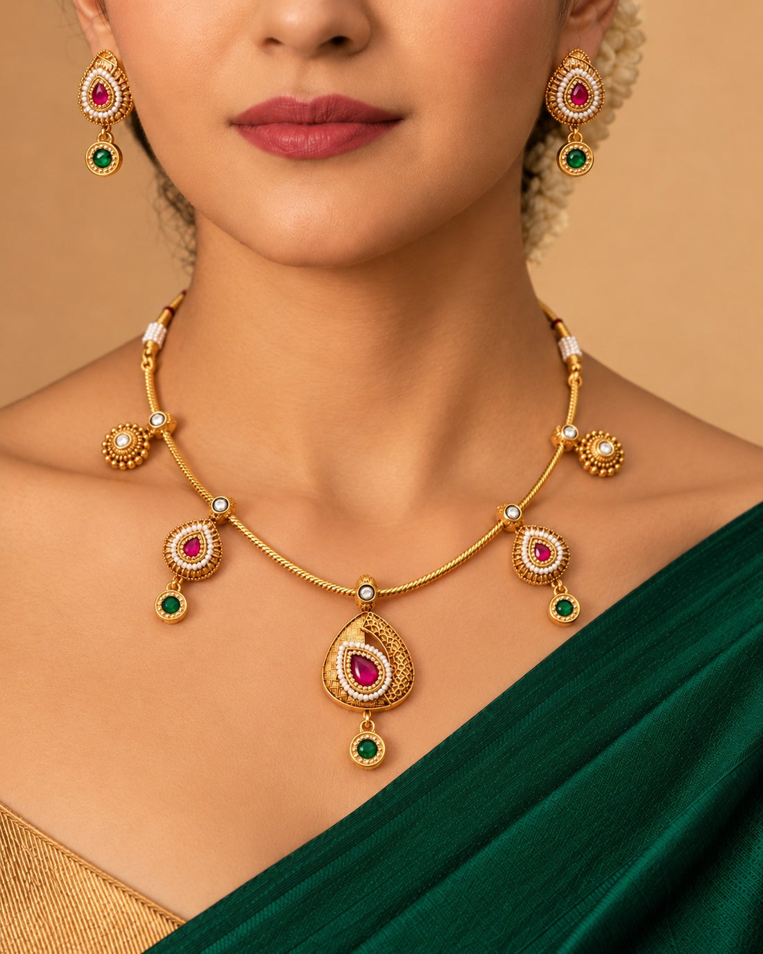 Heritage Ruby Emerald Drop Necklace Set