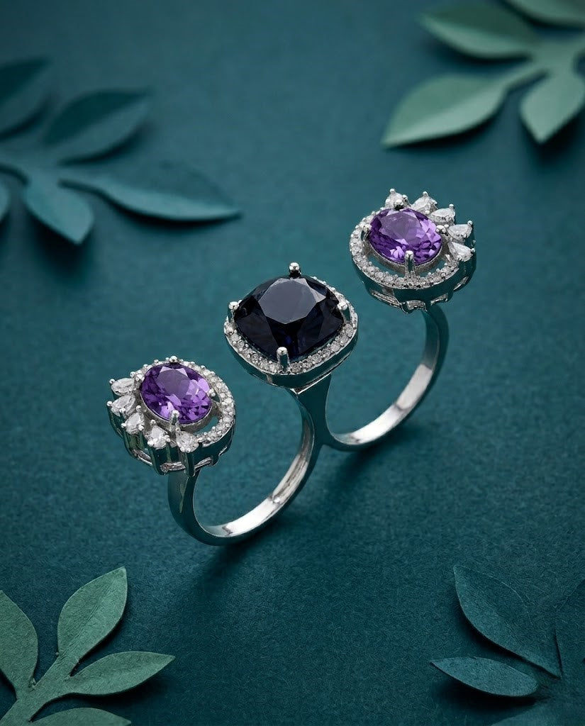 Meher Luxe Stone Adjustable Ring Trio – Elegant Crystal Statement Rings