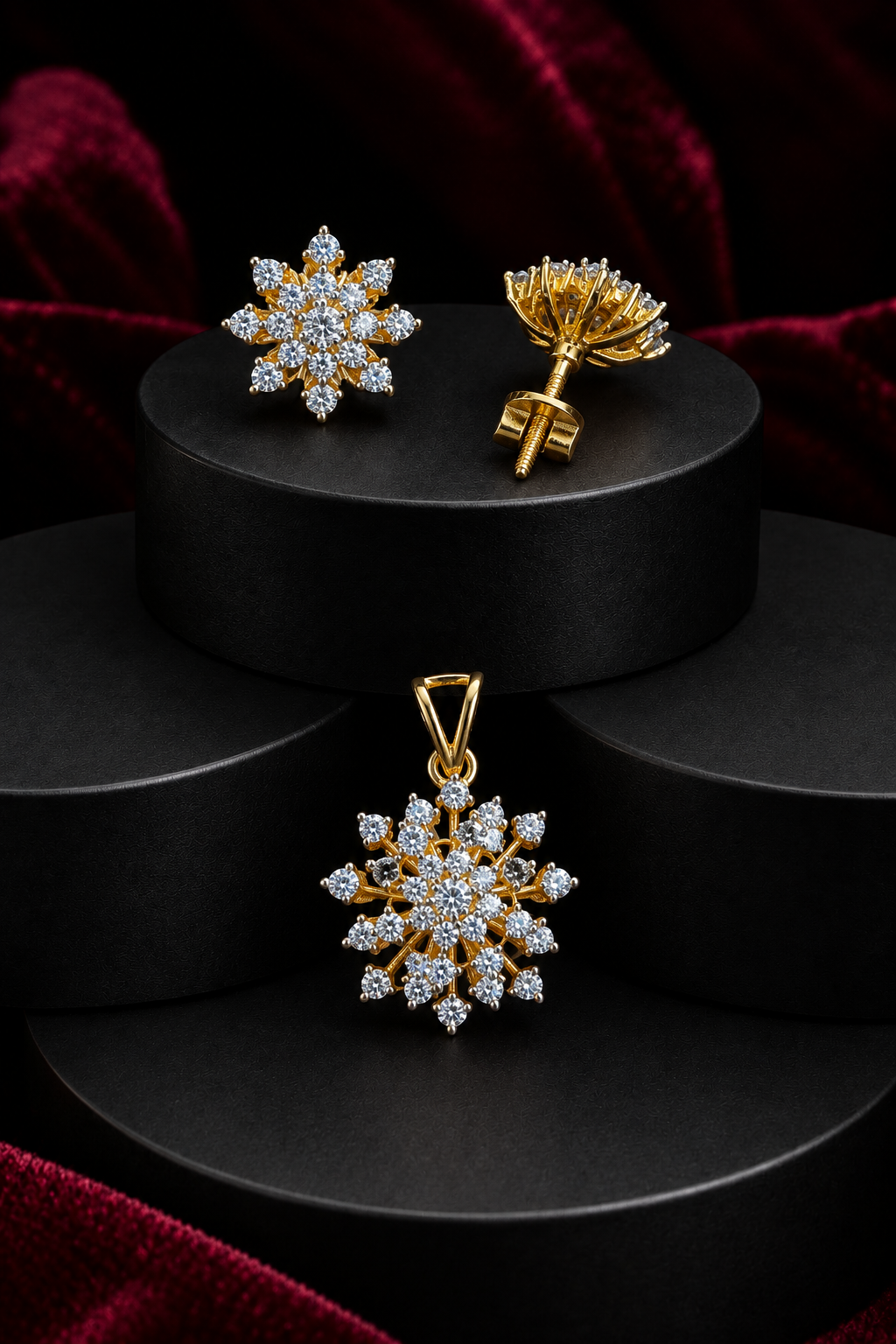 Gold Tone Crystal Pendant and Screw Pech Earrings Set