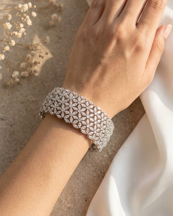 Openable Premium Floral Diamond Look Bracelet/ Bangle in Gold , Silver Tone 1 Hand Wearing Single Pcs