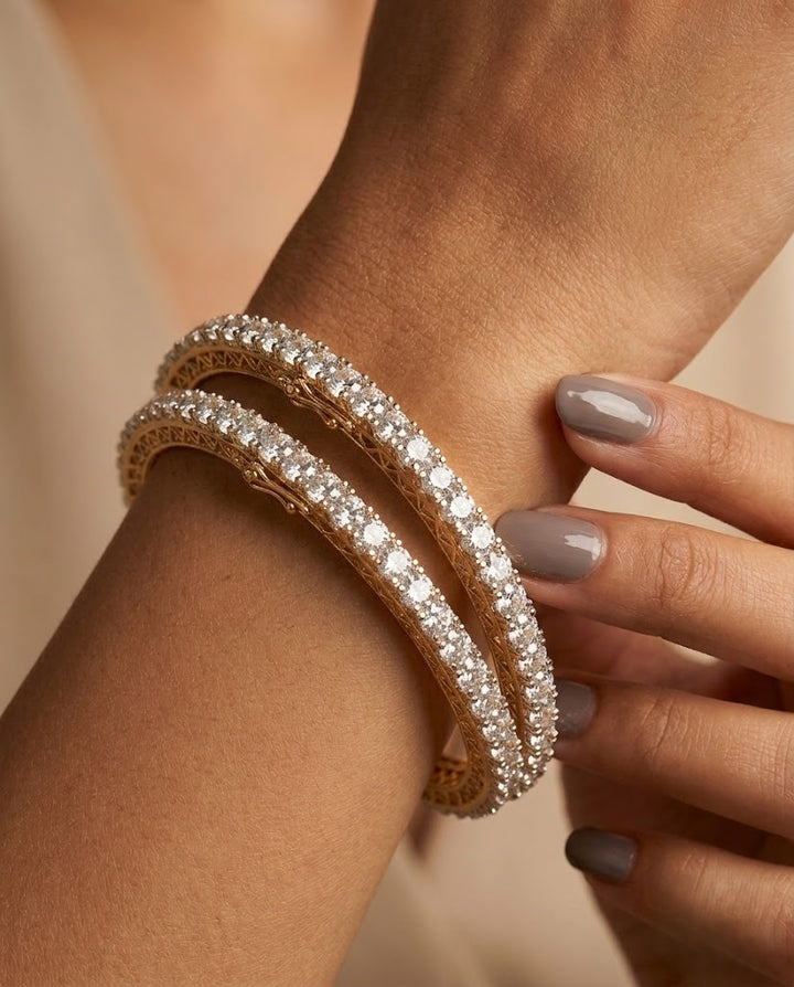 Gold Finish Diamond-Style Crystal Openable Bangles Pair for Women