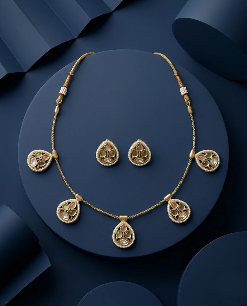 Teardrop Polki Chain Necklace Set with Stud Earrings | Gold Finish Festive Jewellery