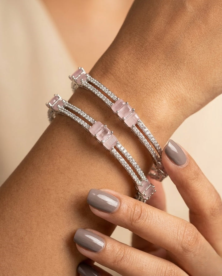 Premium Sparkle Design Soft Pink Rectangle Diamond Bangles Pair Silver Tone