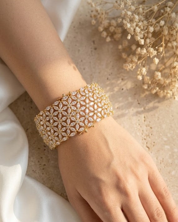 Openable Premium Floral Diamond Look Bracelet/ Bangle in Gold , Silver Tone 1 Hand Wearing Single Pcs