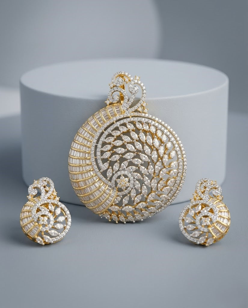 Mayurika Chandrika Peacock Design Diamond Look Pendant Set with Earrings
