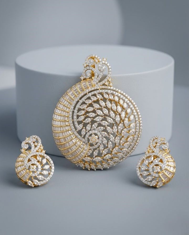Mayurika Chandrika Peacock Design Diamond Look Pendant Set with Earrings