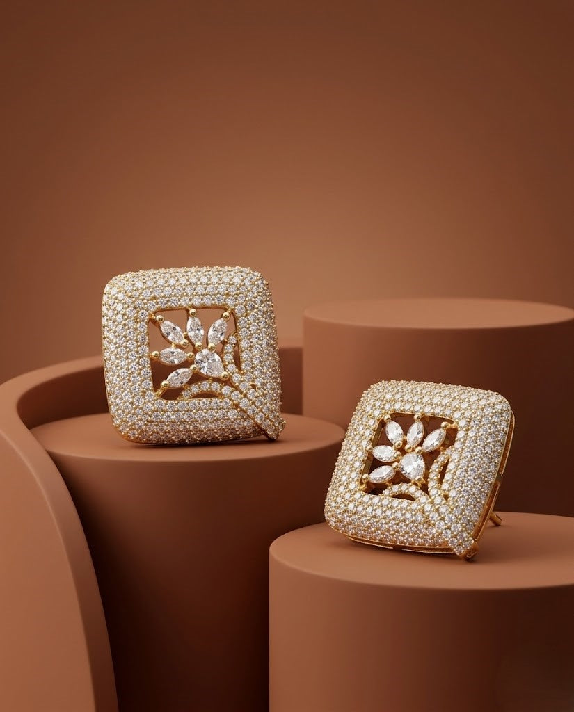 Stylish Square Stud Earrings Premium Gold Plated Floral Design for Women