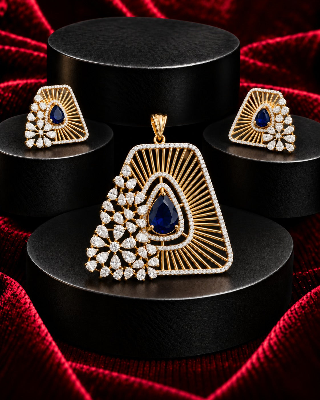 Premium Royal Blue Teardrop Designer Pendant Set in Gold Tone