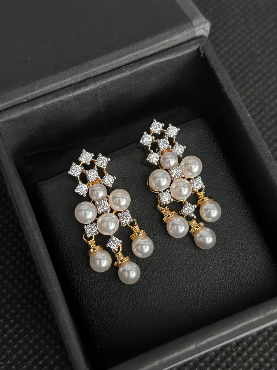 Pearl Cascade Diamond-Look Drop Earrings – Gold & Silver