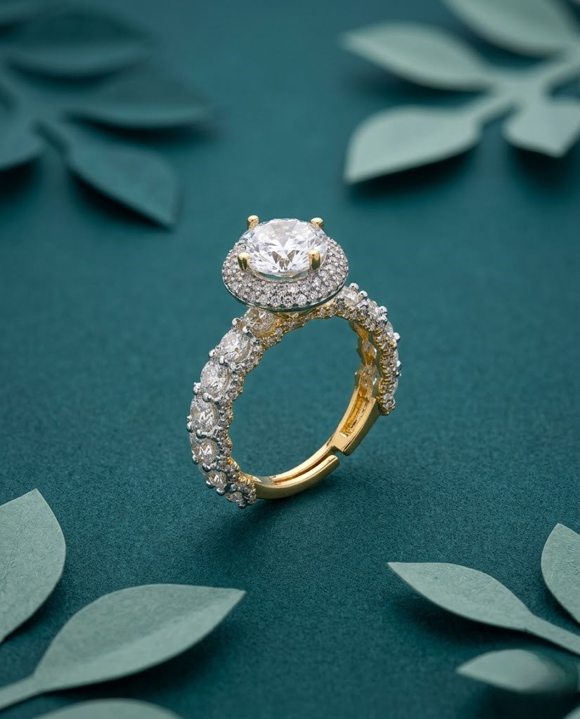 Noorika Solitaire AD Ring for Women Gold Tone Adjustable Designer Ring
