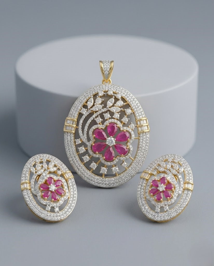 Pushpika Ruby Bloom Screw Pech Pendant Set