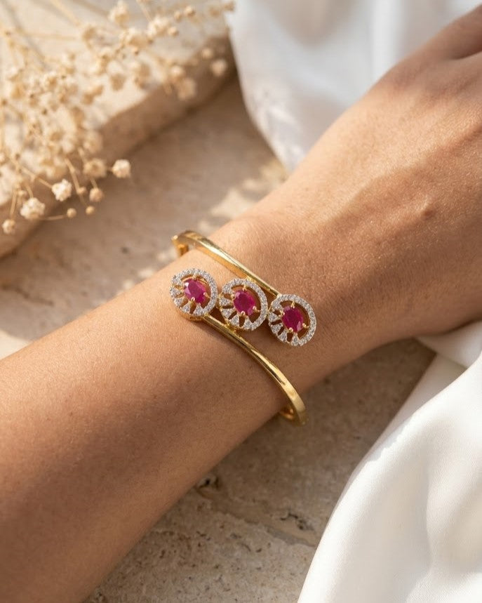 Trio Bloom Ruby, Emerald & Diamond White Openable Gold Plated Bracelet