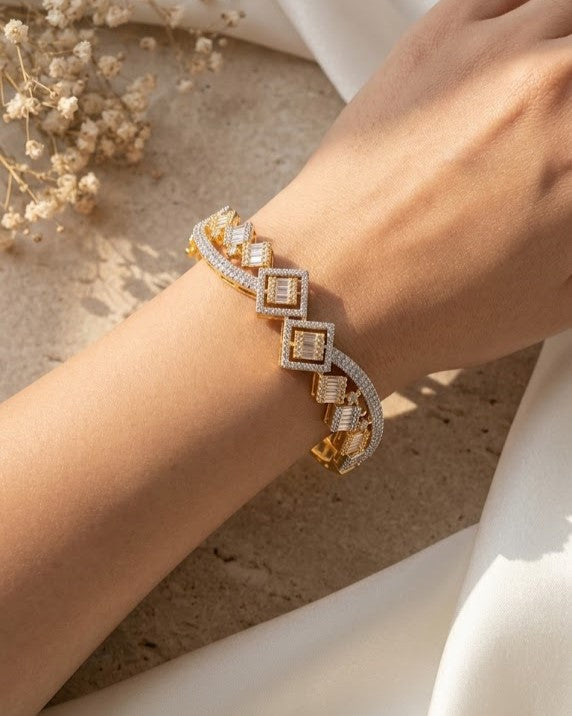 Luxury Square Diamond Bracelet in Gold Polish | Openable Designer Bracelet for Women