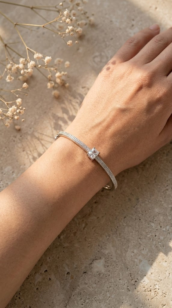 Minimal Openable Square Diamond Bracelet for Women | Silver Polish American Diamond Kada | Size 2.4 & 2.6