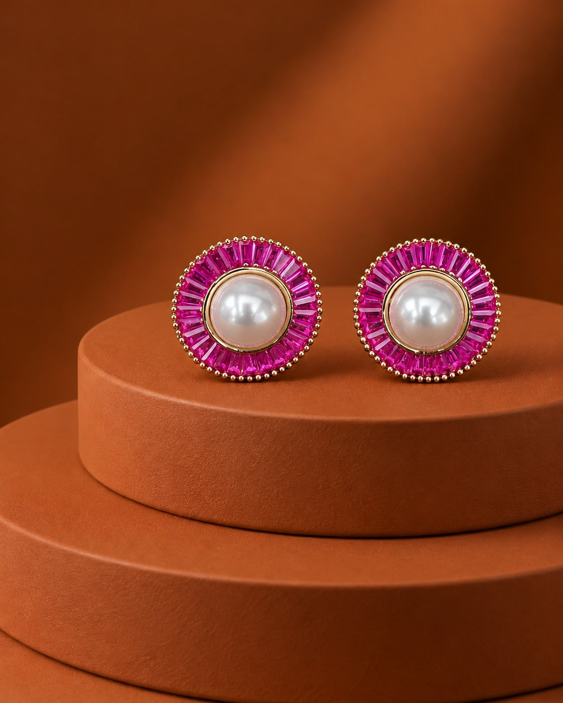 Solid Pearl Halo Baguette Stud Earrings
