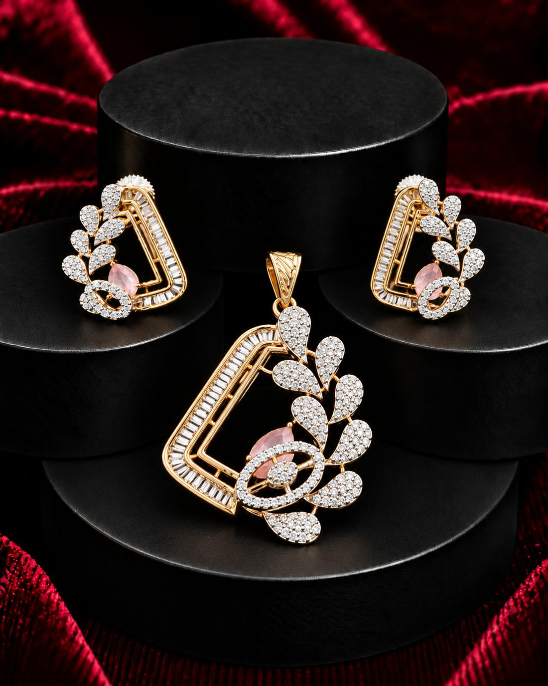 Premium Pink Crystal Designer Geometric Pendant Set in Gold Tone