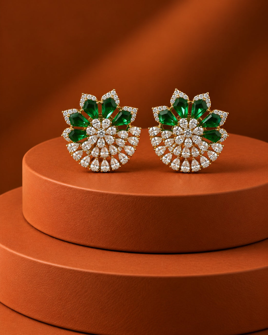 Zarelle Fan Bloom Diamond-Look Stud Earrings – Ruby, Green & Blue