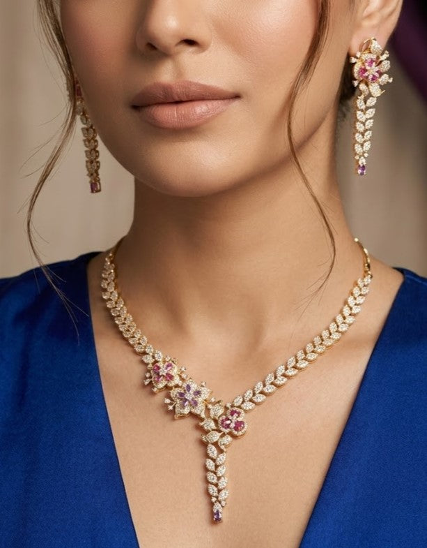Gulnaaz Pushp Pink Floral Diamond Look Necklace Set with Earrings | Gold Tone Party Jewellery