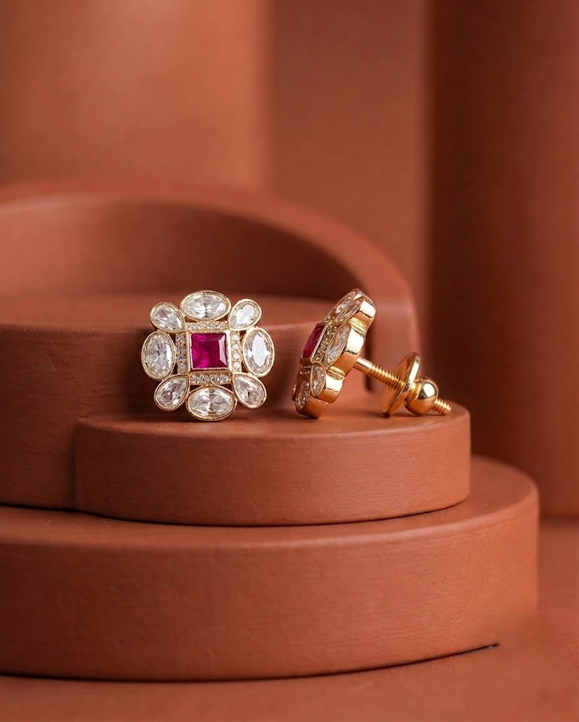 Aarvika Floral Kundan Mossaonite Stud Earrings