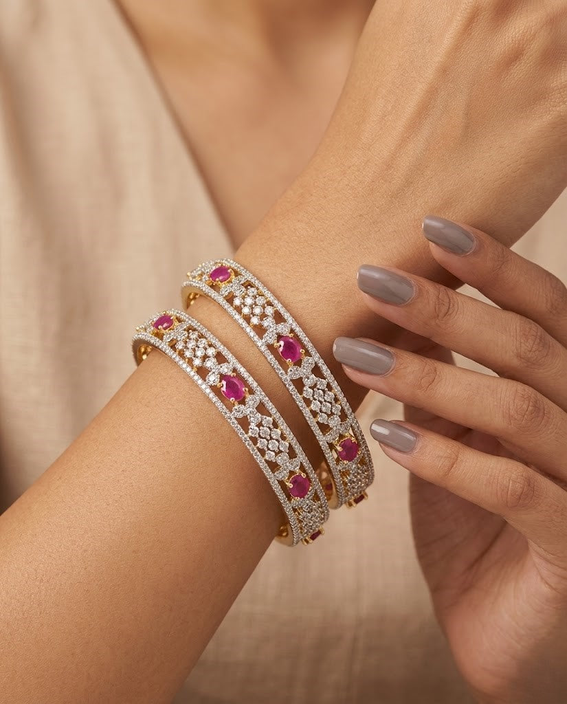 Ruby Diamond Gold-Finish Bangles for Women (Pair)