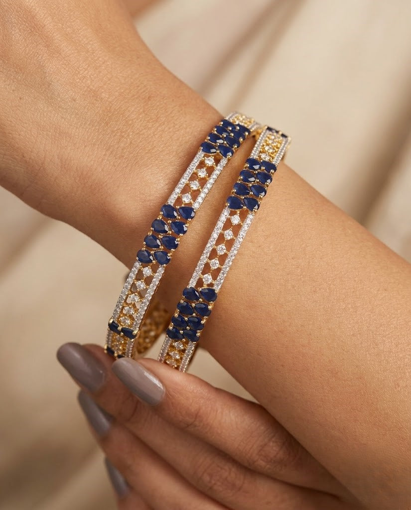 Premium Sparkle Design Royal Blue Cluster Diamond Bangles Pair Gold Tone