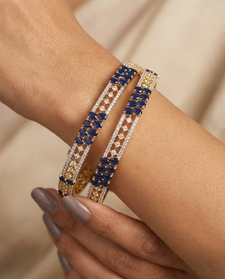 Premium Sparkle Design Royal Blue Cluster Diamond Bangles Pair Gold Tone