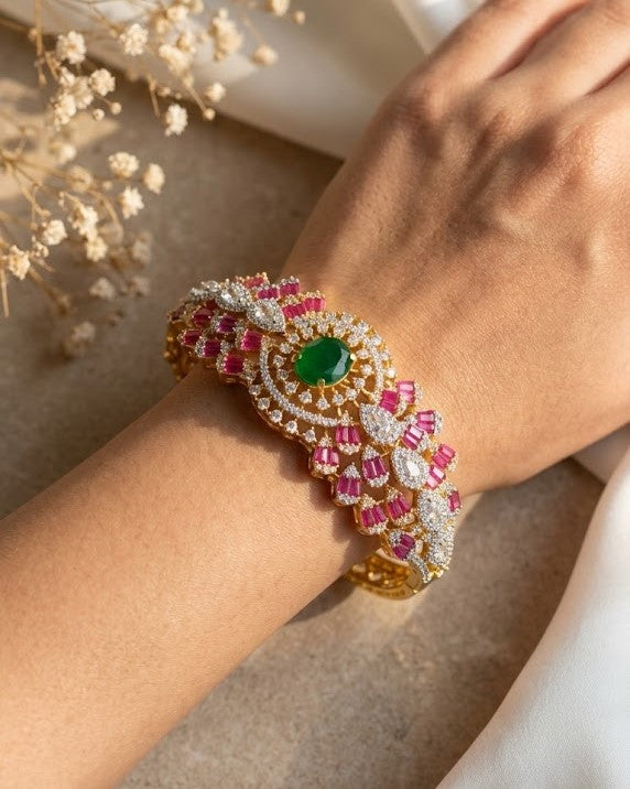 Bridal Diamond Bracelet with Green Stone & Pink Accents | Gold Polish Openable Bracelet
