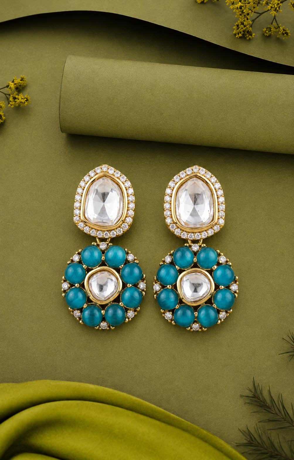 A pair of gold-plated Kundan earrings with turquoise blue beads and clear stones, displayed on an olive green fabric background.