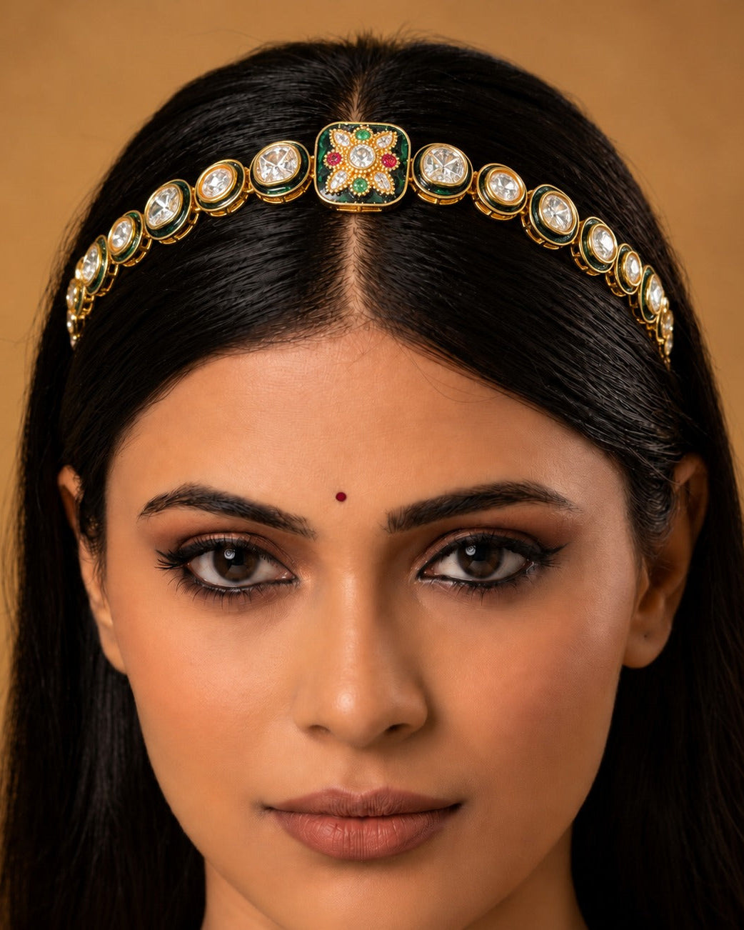 A close-up of a woman wearing an ornate gold-toned traditional headpiece with circular clear stone accents and a central multicolor floral motif, set against a warm tan background.