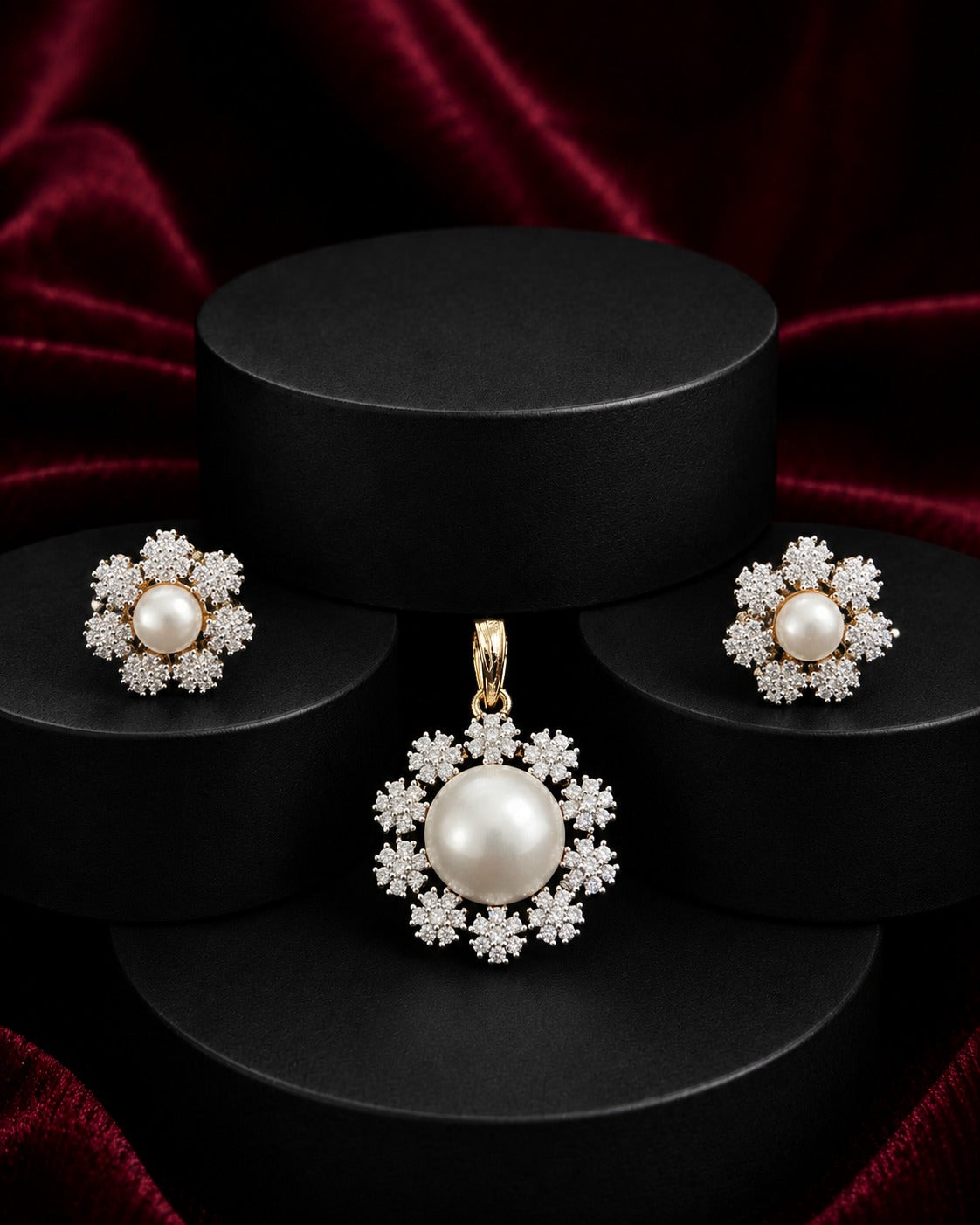 A jewelry set featuring a pearl pendant, matching earrings, and a ring, all with gold-toned settings and clear crystal-like accents, displayed on black cylindrical pedestals against a dark red velvet background.
