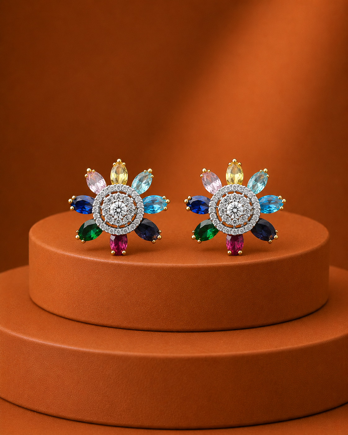 A pair of colorful flower-shaped stud earrings with a central clear gemstone surrounded by multicolored gemstone petals in gold-tone metal, displayed on a round terracotta pedestal against a matching warm brown background.